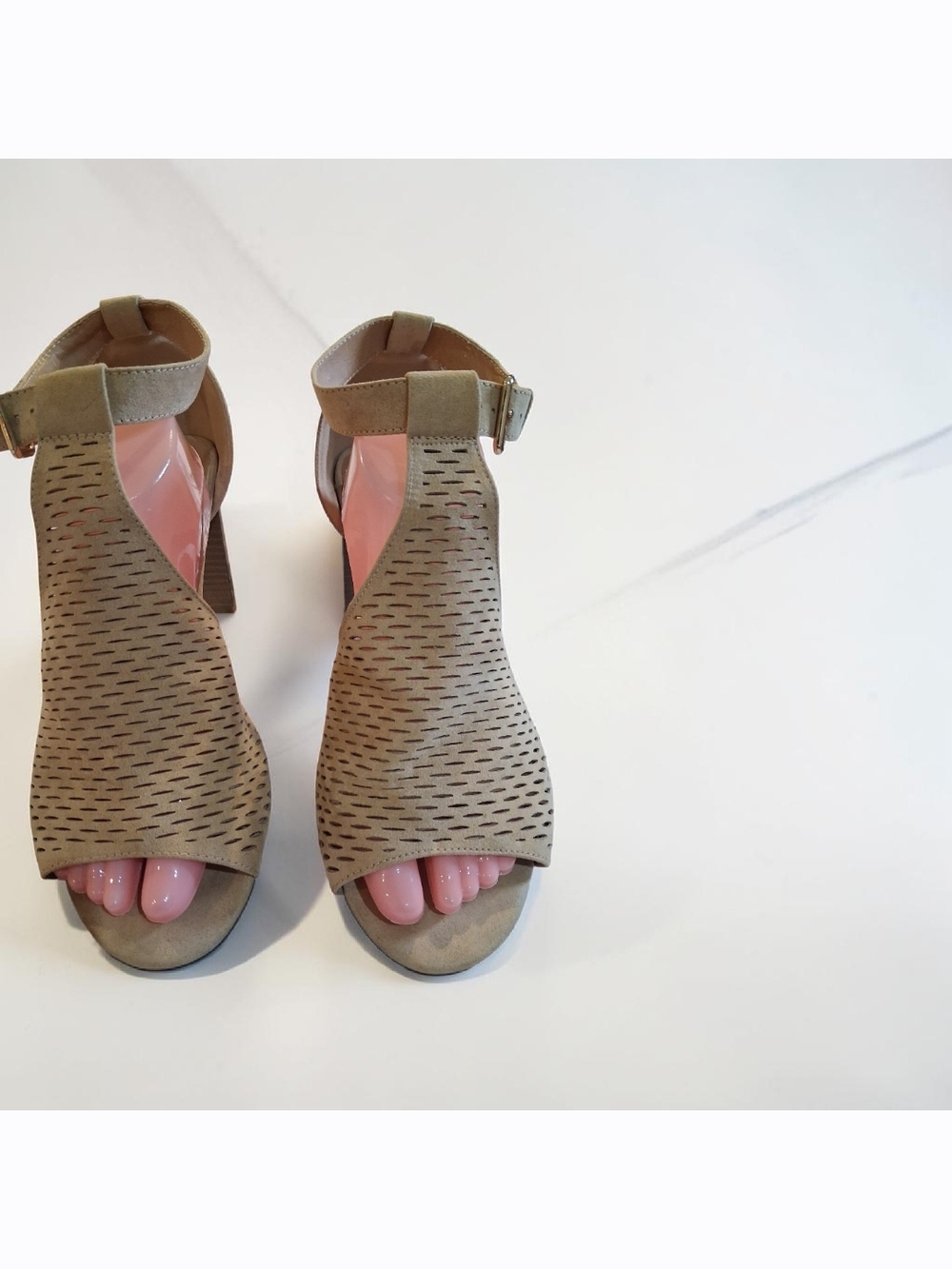 Taupe Perforated Peep-Toe Block Heel Sandals